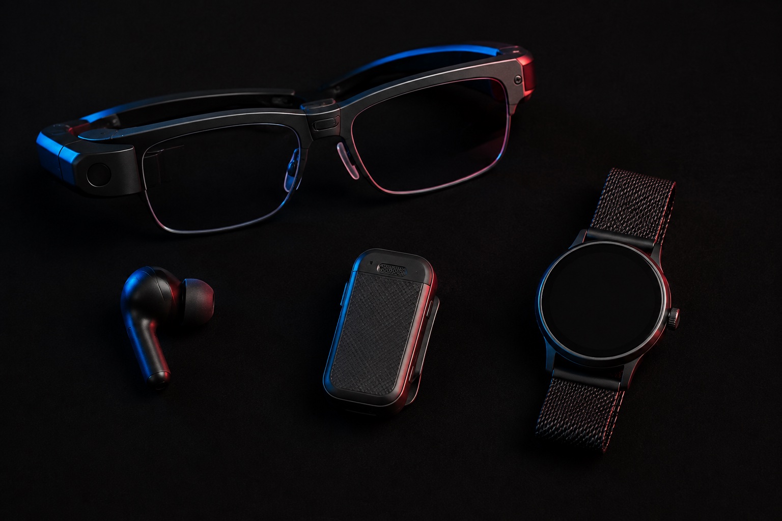 An illustrative arrangement of a watch, glasses, an earbud and a wearable clip