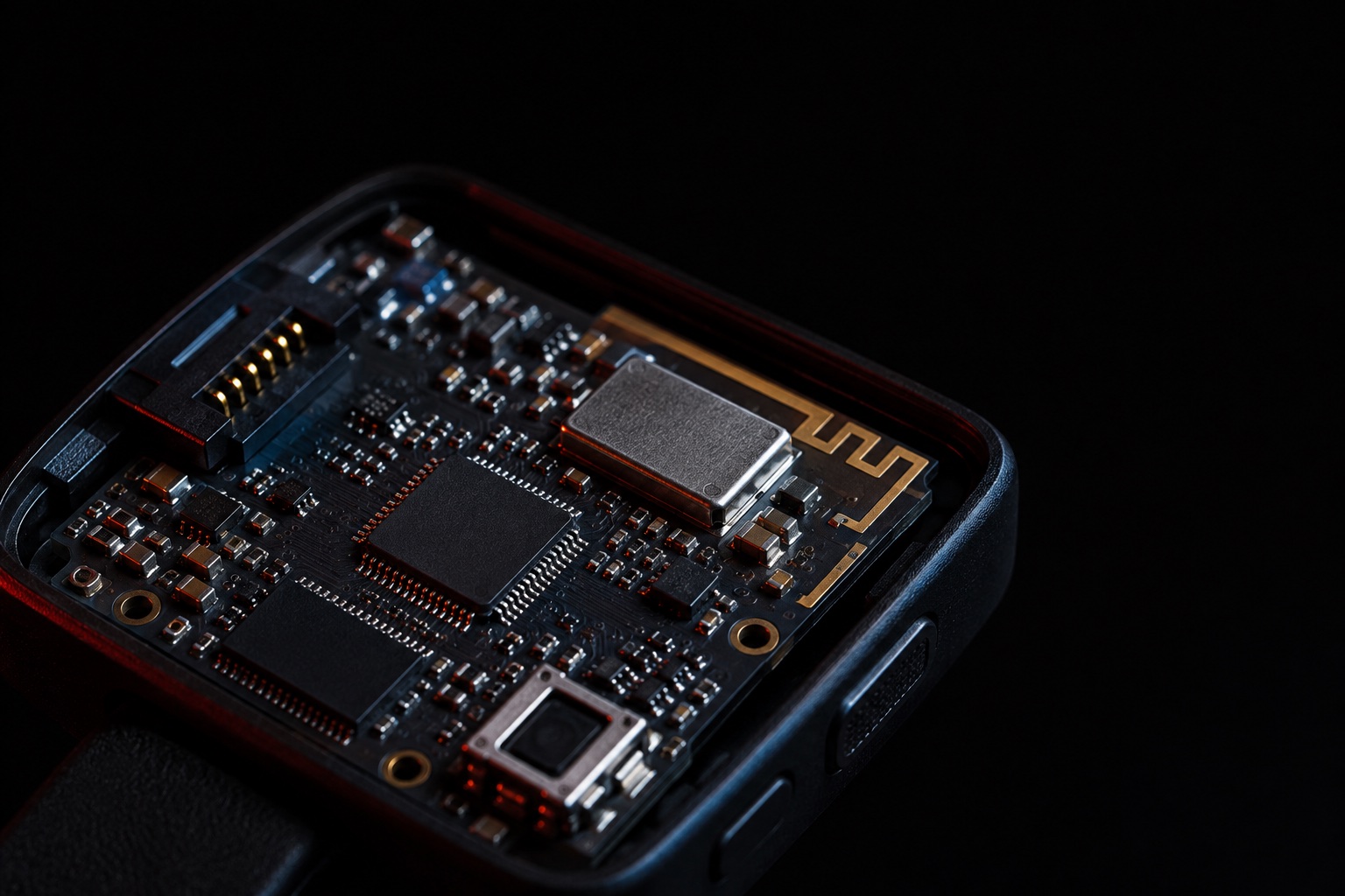An imagined macro photograph of a dense generic wearable circuit board with sensors and a wireless chip